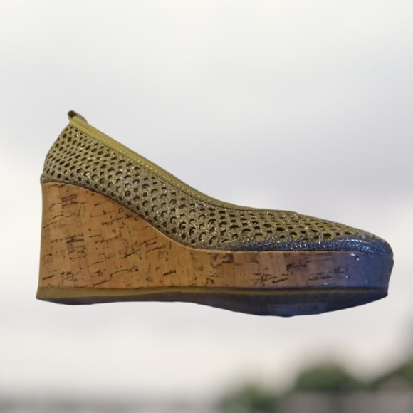 STUART WEITZMAN (3) GIRLS CAY LACE PLATINUM NOIR HEEL WEDGE Size 3  LIKE NEW - Picture 8 of 9